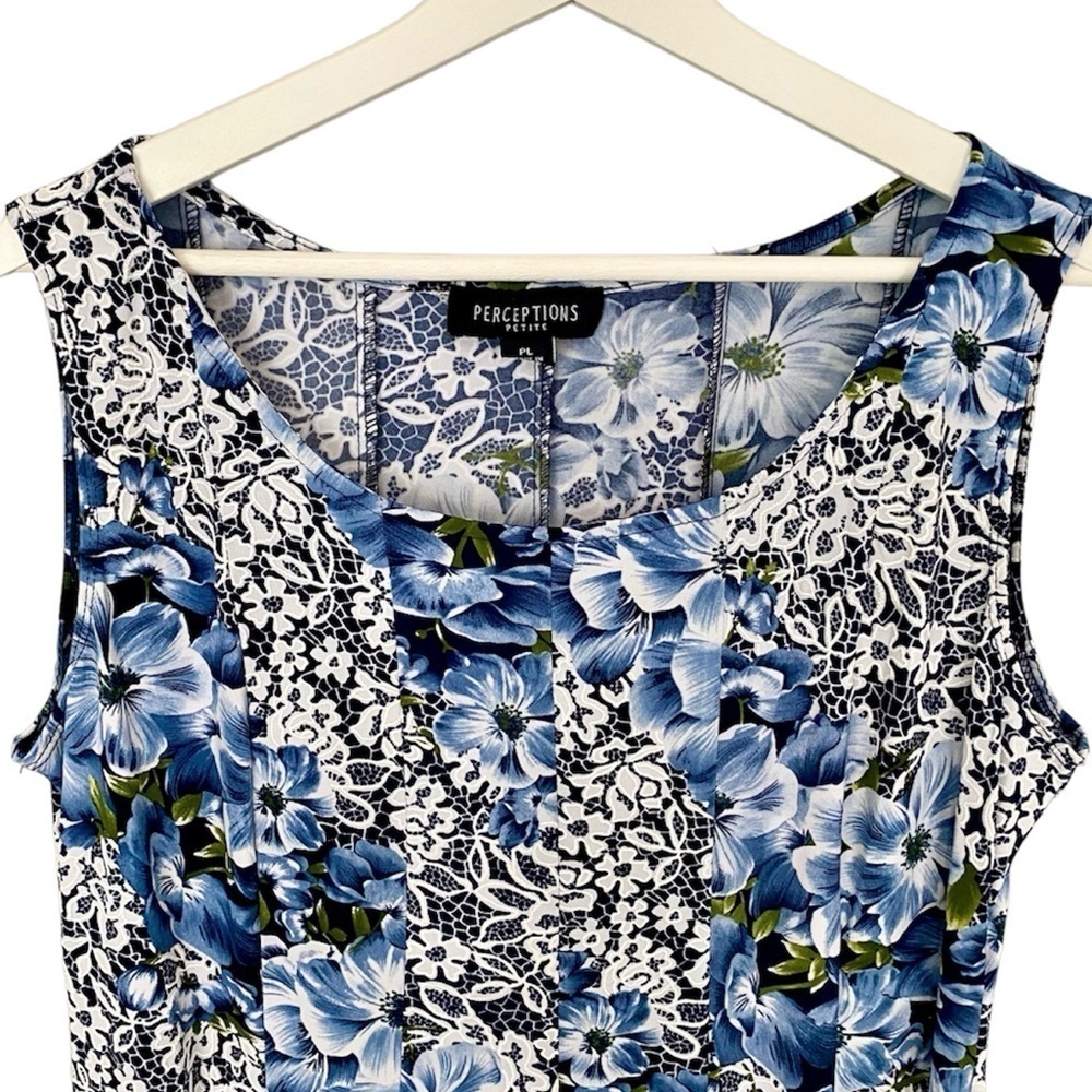PERCEPTIONS Petite Dress Sleeveless Puff Print Lace Floral Blue White Wo… - Picture 3 of 14
